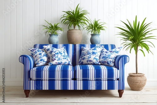 Blue striped sofa with plants in cozy living room