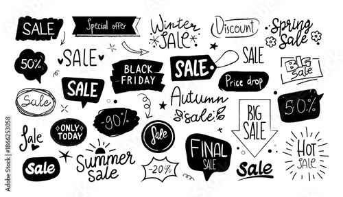 Doodle sale elements. Free chalk hand drawn handmade label, sketch price text or offer banner design. Percentage number, advertisement isolated scribble bubbles. Vector icons collection