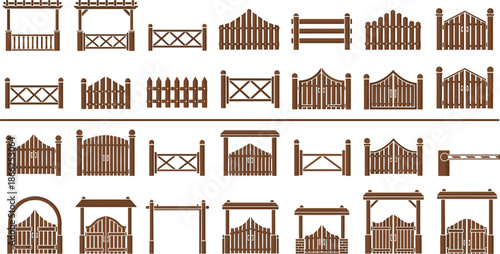 Wooden Fence and Gate Illustration Set Featuring Rustic Farm Barriers, Garden Entrances, Picket Designs, and Traditional Outdoor Boundary Elements
