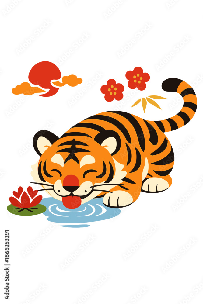 Fototapeta premium Illustration of a Chinese Bengal tiger used as a New Year decoration, showing the big cat drinking water and smiling, serving as an Asian talisman linked to astrology and religion, rendered in flat