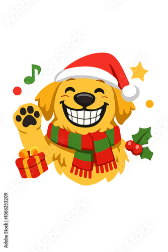 A humorous retriever baring his teeth, celebrating Christmas, with a grin