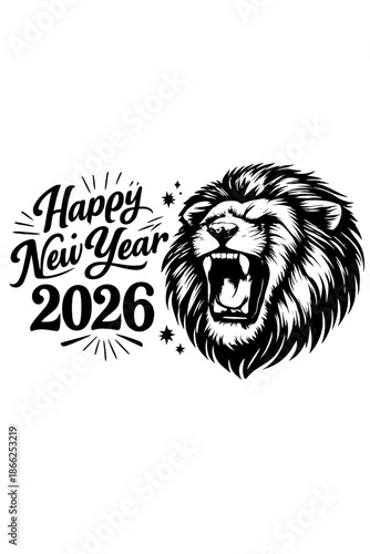 Black and white vector illustration of a roaring lion head for Happy New Year 2026 in engraving style
