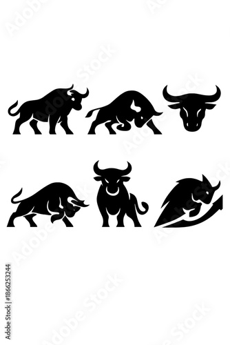 Set of bull logo designs featuring stylized silhouettes of standing and attacking bulls, including the ox as a Chinese New Year symbol, with vector icons for the Taurus zodiac, financial markets, and