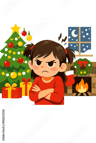 A cranky child during Christmas, a distressed, unhappy girl, nervous preteen facing a crisis amid holiday scenes, highlighting Christmas and children's mental health