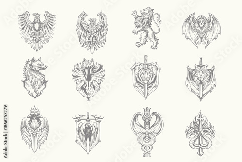 Animals for Heraldry in vintage , Wolf, Tiger, Eagle, Serpent, Raven set for T-Shirt, poster design. Retro halften animal set vector illustration. Eps 10
