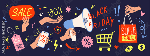 Black Friday advertising. Hands hold shop paper bag. Business gift. Modern marketing promotion. Discount coupon. Sale announce with megaphone. Online shopping ad. Vector elements set