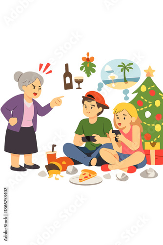 The outraged elderly woman, a pensioner, scolds her son and daughter‑in‑law for their childish behavior, deeming it unworthy on Christmas Eve