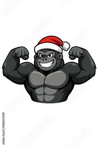 Powerful cartoon gorilla wearing a Santa hat flexes its biceps against a green screen