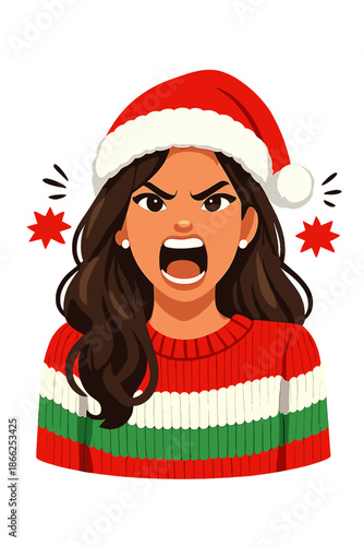 A beautiful Hispanic woman in a Christmas hat and striped knitted sweater is angrily screaming, frustrated and furious, shouting with rage and aggression