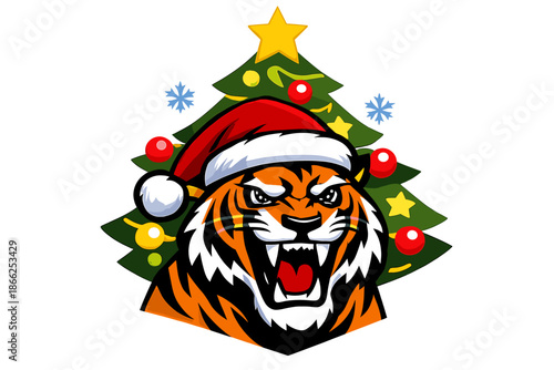 A fierce tiger wearing a Santa hat against a Christmas tree backdrop for puzzles