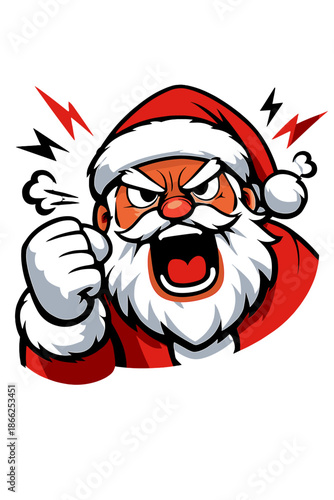 Angry, deranged Santa Claus shouts loudly, clutching his fist, staring into the camera