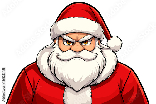 A furious Santa Claus locks a harsh stare into the camera against a low‑lit background