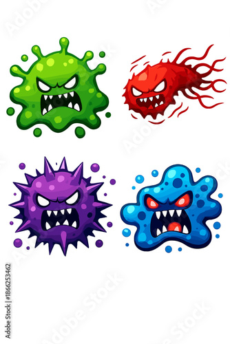 Vibrantly colored microorganisms display aggressive traits and a tense mood in a digital artwork