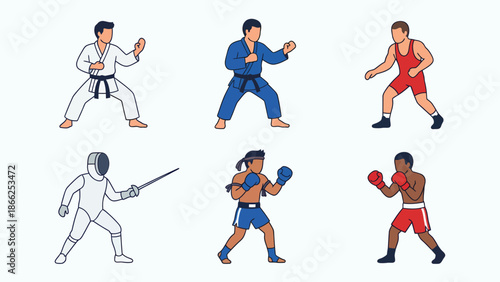 Diverse Martial Arts and Combat Sports Athletes Posing in Action Stances Karate Judo Wrestling Fencing Muay Thai Boxing Flat Vector Illustration