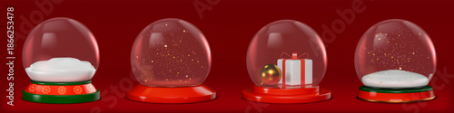 3d snow ball set. Glass new year globe, merry xmas holiday decoration. Happy christmas winter crystal, transparent render sphere, stars glitter, wrapped giftbox. Vector realistic elements