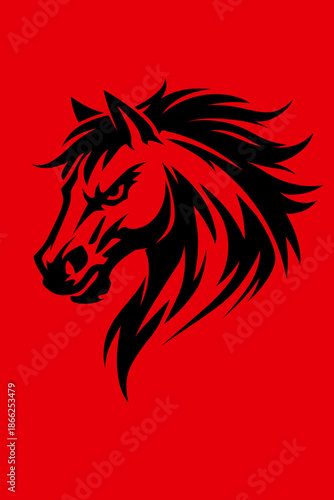 A black‑ink horse head with bold lines against a red backdrop, styled for Chinese New Year 2026 – AI‑generated