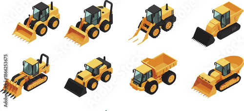 Isometric construction site vector set featuring yellow heavy machinery, excavators, dump trucks, workers, building materials, bricks, pipes, and industrial tools.