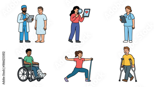 Medical Professionals and Patients in Various Healthcare Scenarios Consultation Diagnosis Rehabilitation and Fitness