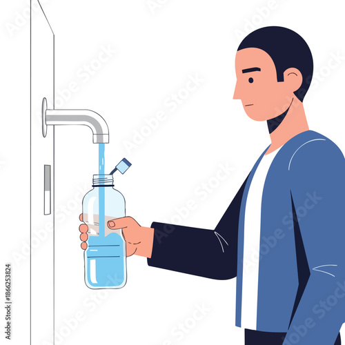 A man fills a water bottle from a tap. Blue water flows from the spout
