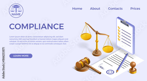 Law compliance. Isometric 3D legal regulatory landing page. Ethics or policy rule for company document procedure. Website design template. Judge scale. Contract signature. Vector background