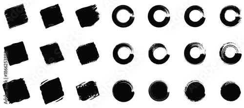 Collection of black textured circles rounded and rectangles on a white background. Paint brush strokes.