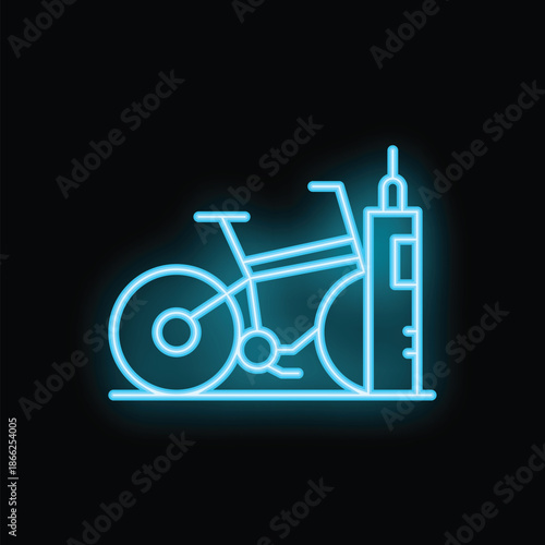 Neon glowing icon of bicycle parking with paid parking meter representing urban lifestyle, transportation, and city infrastructure