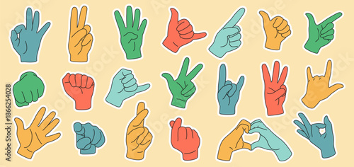 Hand gestures set. Thumb up, finger ok or love sign, retro logo shape. Modern trend arm, open palm art colorful patch. Forefinger pointing, expression symbols. Vector icons flat illustration