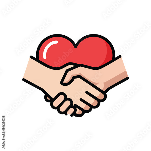 Icon of two hands shaking, with a heart in between, on a white background