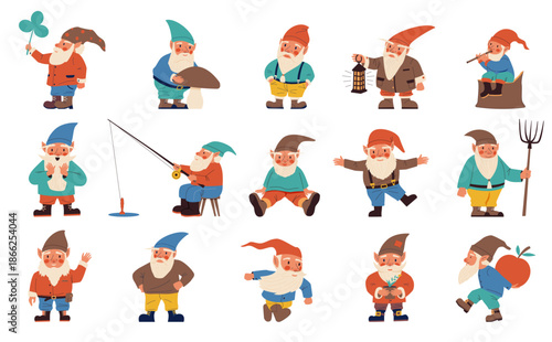 Cartoon gnomes set. Cute dwarves in different poses. Fairy tale mythology senior men characters with white beard, Garden decorative elements. Fantasy old men. Vector cartoon flat illustration