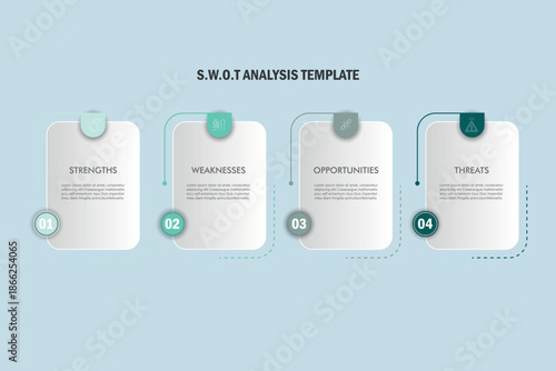 SWOT Analysis Infographics Diagram with Four Steps or Options. Business Advantages and Disadvantages. Colorful Presentation Template for Planning, Management, and Evaluation of Project.