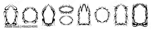 Gothic ornament. Tribal fantasy border, horror Halloween tattoo shape or baroque line decoration. Oval square and round scary arch, black frames, graphic design. Vector icons isolated set