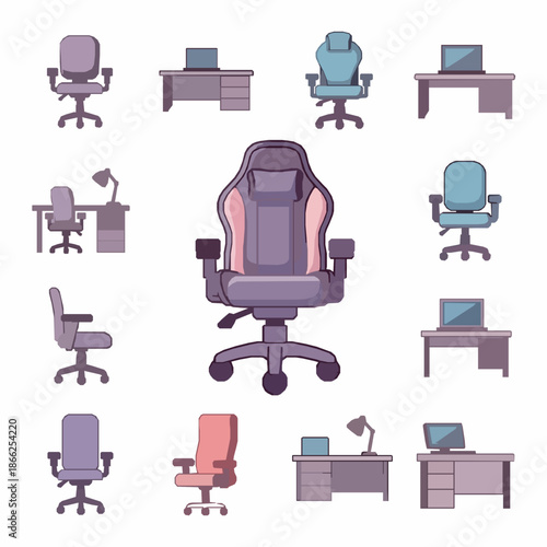 Cartoon desk chair vector icon set modern office seating collection