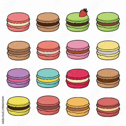 Cartoon macarons icons set colorful sweet dessert vector collection