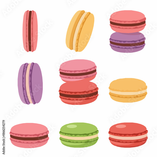 Macarons dessert cartoon icons flat vector sweet food set