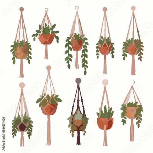 Macrame hanging plant holders cartoon flat vector home decor collection