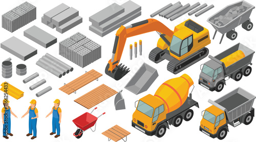 Isometric construction site vector set with excavator, concrete mixer, dump trucks, builders, building materials, pipes, bricks, and tools on white background.