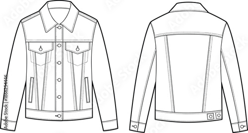 Technical Fashion Flat Sketch of a Classic Denim Trucker Jacket Featuring Front and Back Views for Design Tech Pack and Manufacturing,