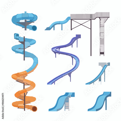 Colorful aquapark attraction icons water slide amusement vector set
