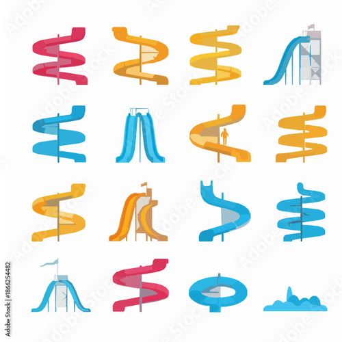 Aquapark water slide icons collection modern flat summer vector set