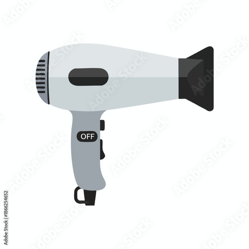 A vector illustration depicts a gray hairdryer with "OFF" switch, on a white background