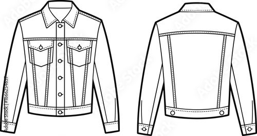 Technical Flat Sketch of a Classic Denim Trucker Jacket Featuring Front and Back Views for Fashion Design and Tech Pack Development