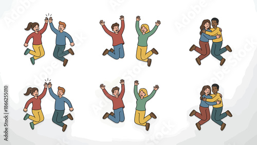 Diverse Group of Friends Celebrating Together with High Fives and Hugs Dynamic Illustration of Joyful People Expressing Excitement and Unity
