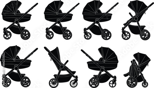 Baby stroller silhouette vector set including modern pram designs, newborn infant carriages, and compact foldable buggies for parenting and motherhood design concepts,