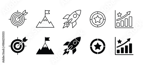 Mission icon set featuring goal, objective, target arrow, success, rocket, achievement, mountain summit, and aim arrow illustrations, perfect for business planning, project management, 