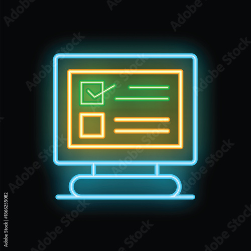 Neon online survey on computer screen displaying check mark for voting and choices