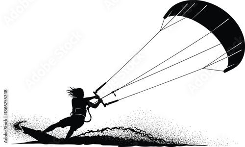 Kitesurfing silhouette vector illustration, kiteboarding man jumping on ocean waves, extreme water sports action, summer vacation adventure, black isolated surfing beach icon.