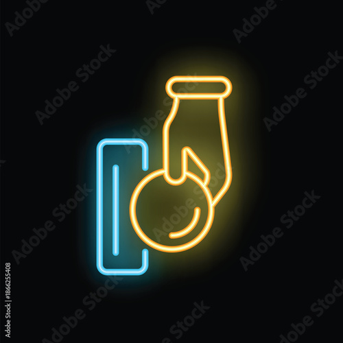 Yellow and blue neon icon of a hand inserting a coin into a vending machine on a black background