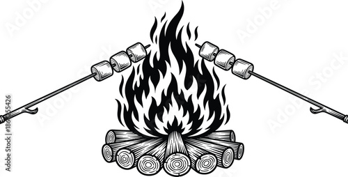 Roasting marshmallows on campfire vector, outdoor camping bonfire with logs, hand drawn wood fire illustration, vintage forest adventure flames, summer camping snack icon.
