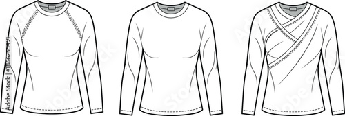 Women's Long Sleeve Top Technical Vector Flat Sketch Set, Crew Neck Raglan and Surplice Wrap Shirt Design Templates for Apparel,