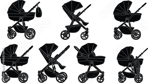 Collection of modern baby stroller silhouettes, infant pram vector set, different types of carriage for newborns, childcare transport icons for parenting design projects, isolated.